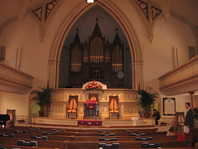 The interior of Wesley Monumental Church with the beautiful Noack organ.